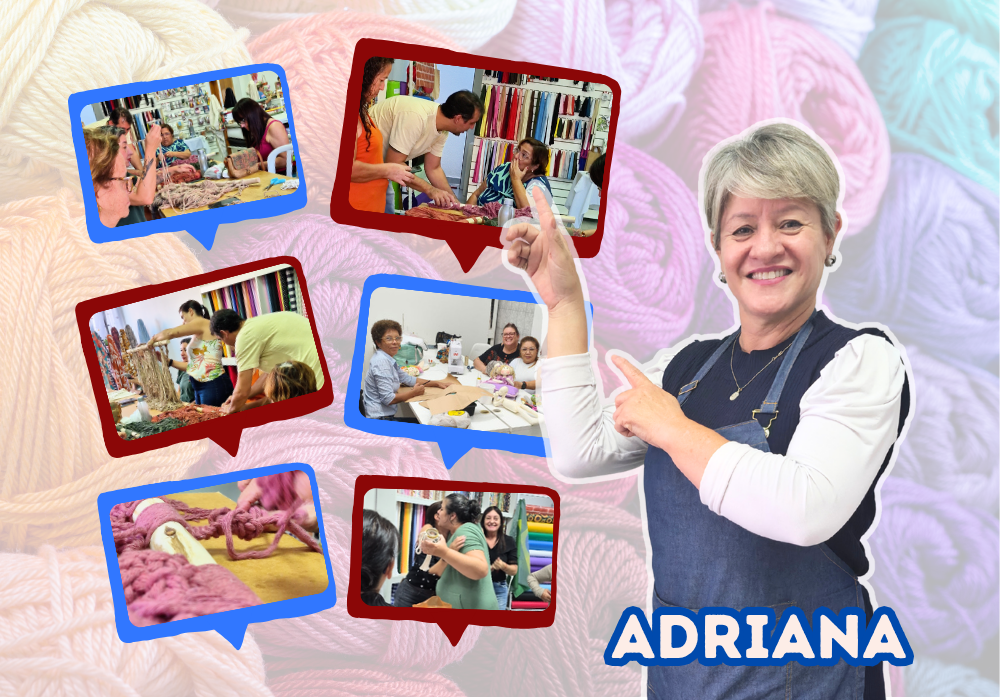Adriana, da Adriana Armarinhos, com clientes em atividades de costura e artesanato em Taubaté
